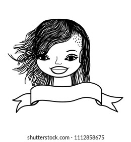line happy woman with hairstyle and ribbon decoration
