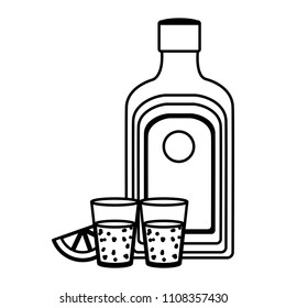 line hard liquor bottle and glass beverage with lemon