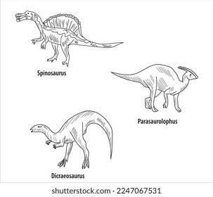 line and hatch drawing 6 dinosaur drawings vector illustration. parasaurolophus, brachiosaurus, spinosaurus, dicraeosaurus, acanthopholis, stegosaurus