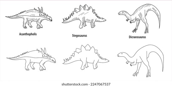 line and hatch drawing 6 dinosaur drawings vector illustration. parasaurolophus, brachiosaurus, spinosaurus, dicraeosaurus, acanthopholis, stegosaurus