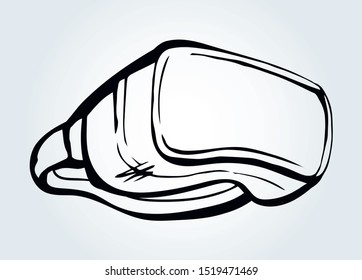 Line head see optical glass visor movie oculus software on light white text space. Outline black hand drawn high science app sign logo icon design in art doodle cartoon graphic style. Close up view