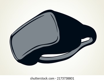 Line head see optical glass visor movie oculus software on light white text space. Outline black hand drawn high science app sign logo icon design in art doodle cartoon graphic style. Close up view