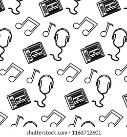 line headphones with cassette and music notes background