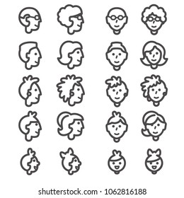 Line heads with faces of babies, girl and boy, teenagers, man and woman, grandmother and grandfather in front and side view