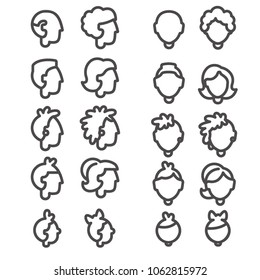 Line heads without faces of babies, girl and boy, teenagers, man and woman, grandmother and grandfather in front and side view