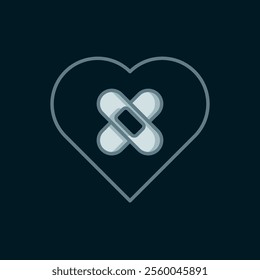 Line Healed broken heart or divorce icon isolated on black background. Shattered and patched heart. Love symbol. Valentines day. Flat filled outline style with shadow. Vector