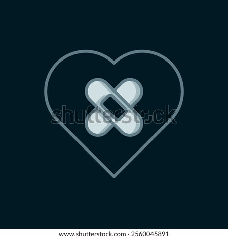 Line Healed broken heart or divorce icon isolated on black background. Shattered and patched heart. Love symbol. Valentines day. Flat filled outline style with shadow. Vector