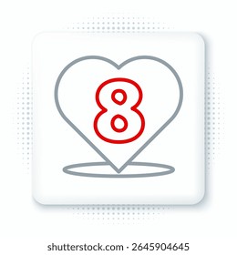 Coração Linha com 8 março ícone isolado no fundo branco. Símbolo romântico ligado, junte-se, paixão e casamento. Feliz Dia das Mulheres. Conceito de contorno colorido. Vetor