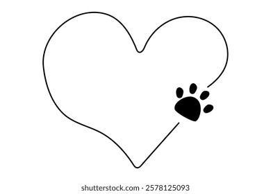 Line heart frame with cute pet foot print stamp, pawprint decoration. Cat or dog paw doodle border. Hand drawn sketch.