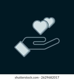 Line Heart in hand icon isolated on black background. Hand giving love symbol. Valentines day symbol. Flat filled outline style with shadow. Vector