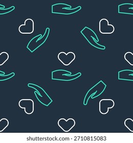 Línea Corazón en el icono de la mano aislado sin patrón sobre fondo negro. Mano dando símbolo de amor. Símbolo de San Valentín.  Vector