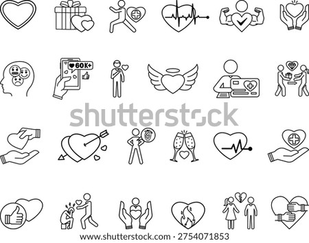 Line Heart Icon Set. Vector Illustrations: Heartbeat, Life, Passion, Popular, Health, Honest, Angel, Volunteer, Caring, Kindness, Cupid, Charity, Pulse, Appreciate, Celebration, and More