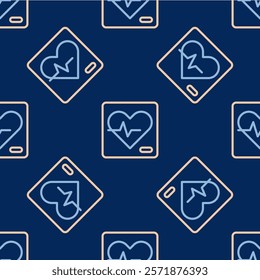 Line Heart rate icon isolated seamless pattern on blue background. Heartbeat sign. Heart pulse icon. Cardiogram icon.  Vector