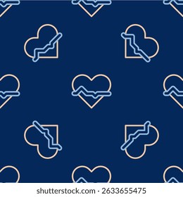 Line Heart rate icon isolated seamless pattern on blue background. Heartbeat sign. Heart pulse icon. Cardiogram icon.  Vector