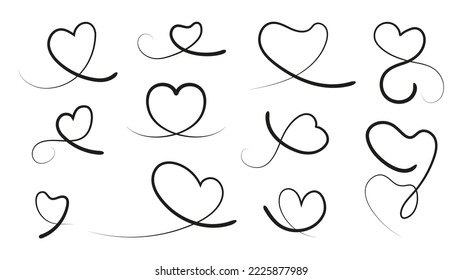 Line hearts, curved heart calligraphy element. Black liner or brush swoosh, lettering tails isolated vector set. Decor valentines day cards, love and romantic simple design