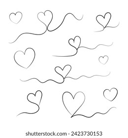 line hearts shape. Hand drawn doodle sketch style hearts set. vector minimalist illustration of love concept.