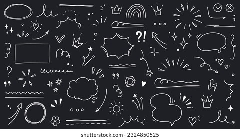Line highlight brush, text emphasis, underline brush on chalkboard background. Hand drawn scribble highlight, arrow, star sparkle. Text underline drawn, cloud speech bubble. Vector illustration.