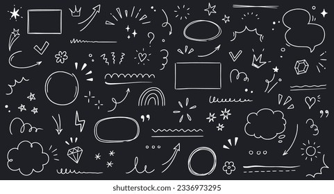 Line highlight brush, text emphasis, underline brush on chalkboard background. Hand drawn scribble highlight, arrow, star sparkle. Text underline drawn, cloud speech bubble. Vector illustration.