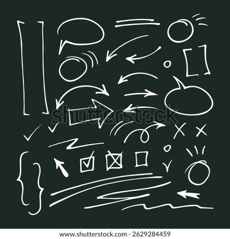 Line highlight brush, text emphasis, underline brush on chalkboard background. Hand drawn scribble highlight, arrow, point. Text underline drawn, cloud speech bubble. Vector illustration.