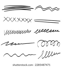 Line. Highlight underline and strike through. Pen line template. Hand drawn marker line stroke set. Vector illustration isolated on white background.