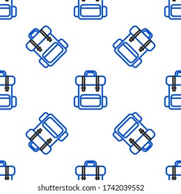 Line Hiking backpack icon isolated seamless pattern on white background. Camping and mountain exploring backpack. Colorful outline concept. Vector