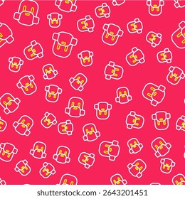 Line Hiking backpack icon isolated seamless pattern on red background. Camping and mountain exploring backpack.  Vector