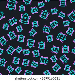 Line Hiking backpack icon isolated seamless pattern on black background. Camping and mountain exploring backpack.  Vector