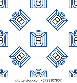 Line Hiking backpack icon isolated seamless pattern on white background. Camping and mountain exploring backpack. Colorful outline concept. Vector