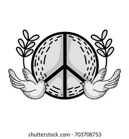 line hippie emblem with doves and branches design