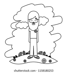 line hippie man with long beard in the landscape