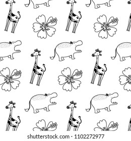 line hippopotamus and giraffe animals with flowers background