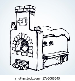 Line historic log heater hearth object on white room wall text space. Outline black ink hand drawn folk russia warm pot life logo sign pictogram design in retro art doodle engrave style. Closeup view