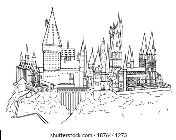 Line Hogwarts Castle. Vector illustration of a school of wizardry from the world of Harry Potter. Illustrative editorial.
Ukraine Kyiv 12.16.2020