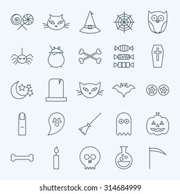 Line Holiday Halloween Icons Set. Vector Set of 25 October Holiday Modern Line Icons for Web and Mobile. Sweets and Treats Scary Icons Collection