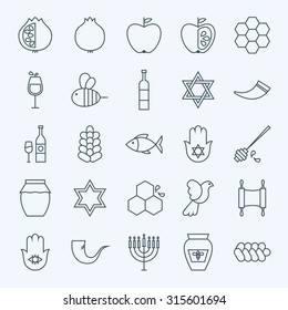 Line Holiday Rosh Hashanah Icons Set. Vector Set of 25 Jewish New Year Holiday Modern Line Icons for Web and Mobile. Israel Judaism Icons Collection