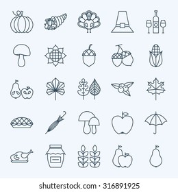 Line Holiday Thanksgiving Day Icons Set. Vector Set of 25 Autumn Seasonal Holiday Modern Line Icons for Web and Mobile. Thanksgiving Dinner Food Icons Collection