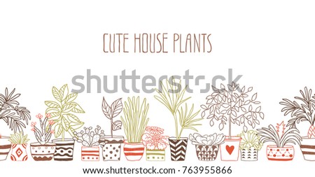 Line of home plants and a place for text. Seamless pattern. Contours. Vector illustration.