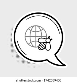 Mapa de la línea Honeycomb del mundo e icono de abeja aislado en fondo gris. Día mundial de las abejas. Concepto de evento ecológico. Concepto de esquema colorido. Vector