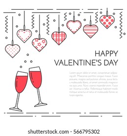 Line horizontal banner for Saint Valentine's day and date theme. Elements for greeting card, banner, flyer. Pictograms of love for website, banner, infographic, marketing material. Vector illustration