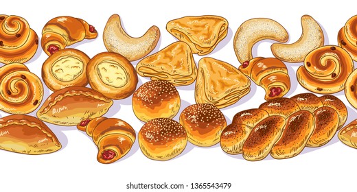 Line horizontal border with variety of bakery on white background.  Seamless Pattern with Pastry.