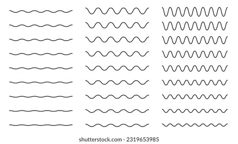 Line horizontal water wave. Wavy sinusoidal outline horizontal divider, wavy smooth ripple stripes, straight and curved line. Vector isolated set of wave line pattern illustration