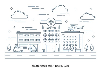 Line hospital building outdoors with sky and helicopter.