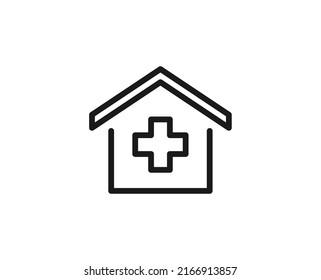 Icono de línea de hospital aislado en fondo blanco. Símbolo de esquema para diseño de sitio web, aplicación móvil, ui. Pictograma de higiene. Ilustración vectorial, с editorial k. 