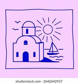 Line House and Boat on Island Illustration. Tropical Travel rest Theme. Outline Sketch Contour Drawn Art. Travel Agency Card Invitation Poster Decoration Design.