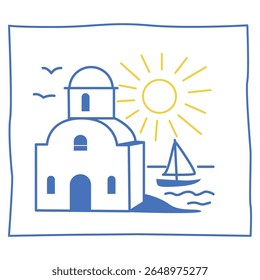 Line House and Boat on Island Illustration. Tropical Travel rest Theme. Outline Sketch Contour Drawn Art. Travel Agency Card Invitation Poster Decoration Design.