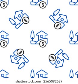 Line House with dollar symbol icon isolated seamless pattern on white background. Home and money. Real estate concept. Colorful outline concept. Vector