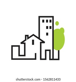 line house with ecological leaf logo designs