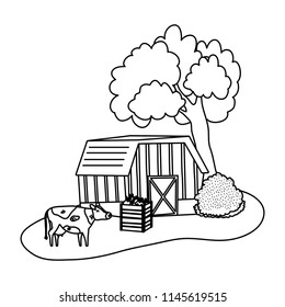 line house farm with cow animals and eggplants