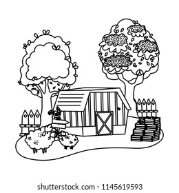 line house farm with sheeps and rooster animals