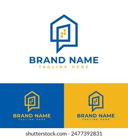 line house into bubble chat with windows symbol icon flat logo stock vector design